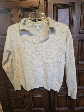 Garnet Hill Essential Cashmere Sweater Size Small Speckled Polo V Neck Cream